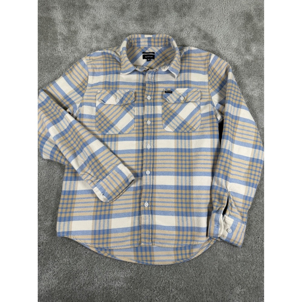 Brixton Bowery Mens Medium Blue Tan Plaid Flannel Button Up Shirt Standard Fit